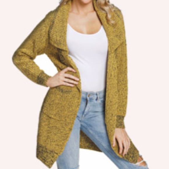 NWT Knit Mustard Lapel Duster Pocketed Cardigan - Picture 3 of 3